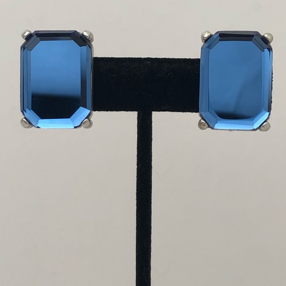 VTG EMERALD CUT BLUE MIRROR GLASS EARRINGS - Picture 3 of 13